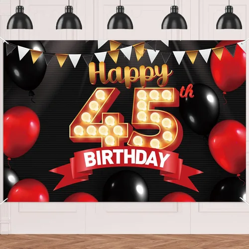 Miniatura 8 de FlagY-Bn-14 - Cartel de feliz cumpleaños número 14, decoración de pancarta negra, telón de fondo dorado, globos rojos y negros, decoración temática