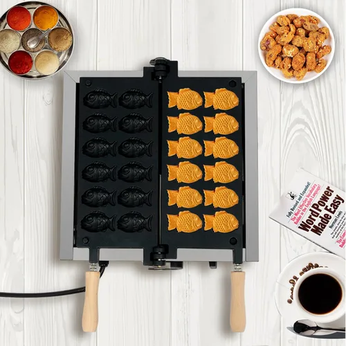 Máquina para hacer gofres, 12 cavidades en forma de pez, para aperitivos y postres saludables, máquina de panqueques antiadherente de doble cara con