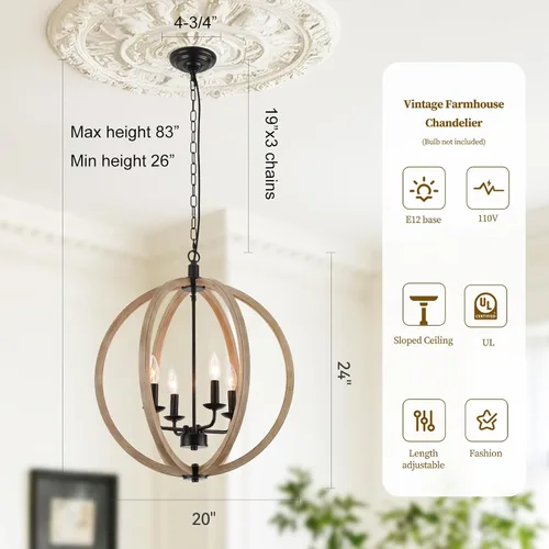 Miniatura 5 de Lámpara de araña de orbe de granja, 4 luces de bola de madera sintética para comedor, vestíbulo, isla de cocina (marco de metal de globo)