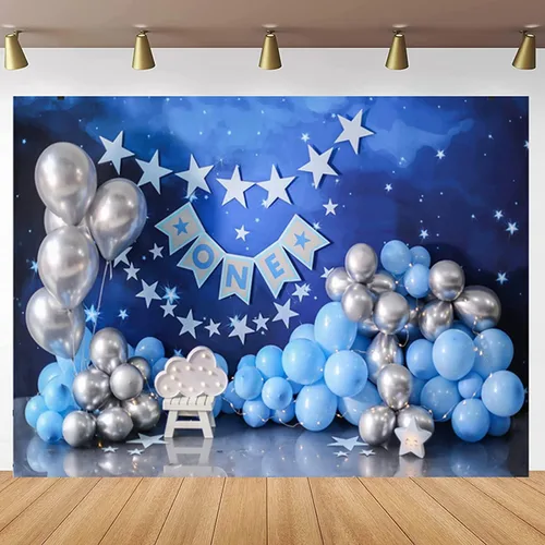 Miniatura 4 de Telón de fondo de 1er cumpleaños con globos azules y plateados, globos azules y plateados, fondo de fiesta de primer cumpleaños para niños recién