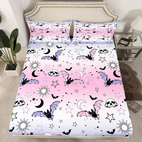 Miniatura 33 de Juego de sábanas bajeras con bonito diseño de gato negro para niños y niñas, diseño de dibujos animados de Halloween, gato, animales, sábanas