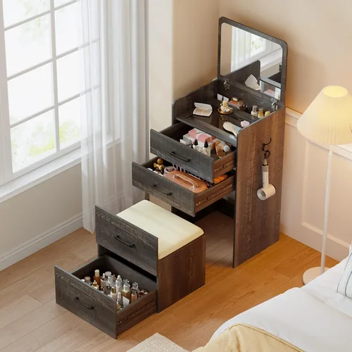 Miniatura 14 de Lvifur Escritorio de tocador 3 en 1 con espejo y luces, mesa de tocador de maquillaje con taburete acolchado, mesa de tocador compacta y escritorio