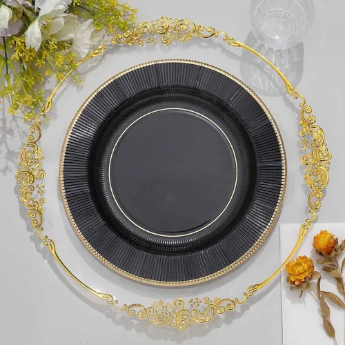 Efavormart 25 Pack | Platos de papel para servir y cenar de 10" en negro metálico con rayos de sol, platos desechables para fiestas - 350 GSM