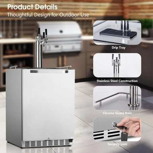 Miniatura 5 de HCK Kegerator, Kegerator de 24 Pulgadas para Exteriores para Patio con 3 Grifos, Dispensador de Cerveza de Tamaño Completo y Refrigerador de Bebidas