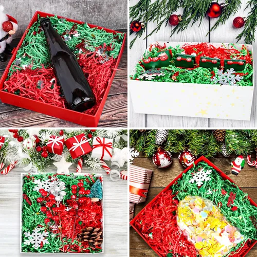 Miniatura 5 de LOMIMOS Relleno de papel de Navidad de 1 libra, papel de rafia de Navidad rojo y verde con confeti de Navidad para envolver regalos, cesta