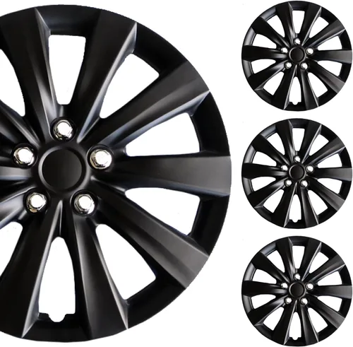 PACRIM Juego de 4 tapacubos de rueda de 16" negro brillante universal para coche | Reemplazo a presión | Juego de 4 | Ajuste universal para rines