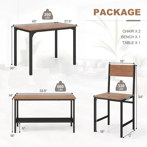 Miniatura 6 de COSTWAY Dining Table Set for 4, Space-Saving Dining Room Table with Bench and 2 Chairs, Storage Rack & Anti-Slip Foot Pads, Industrial Kitchen Table