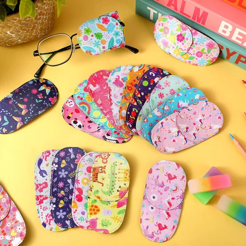 Miniatura 6 de Weewooday 20 parches para ojos para niños y niñas, parches de ojos surtidos de dibujos animados reutilizables con patrones de flores de arcoíris