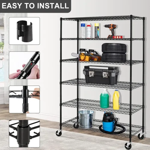 Miniatura 6 de Estantería de alambre resistente de 6 niveles, capacidad de 6000 libras, estante de almacenamiento de metal NSF ajustable con ruedas, 48 pulgadas
