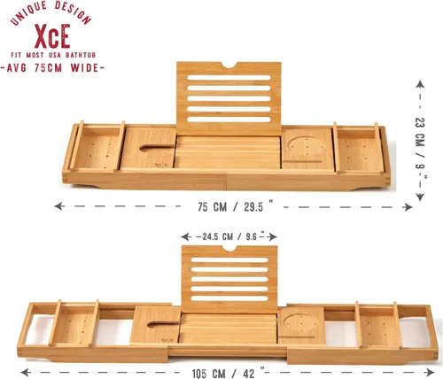 Miniatura 3 de XcE Bandeja de bambú para bañera, expandible hasta 41 pulgadas con soporte para libros, soporte para jabón y almohadillas antideslizantes para spa