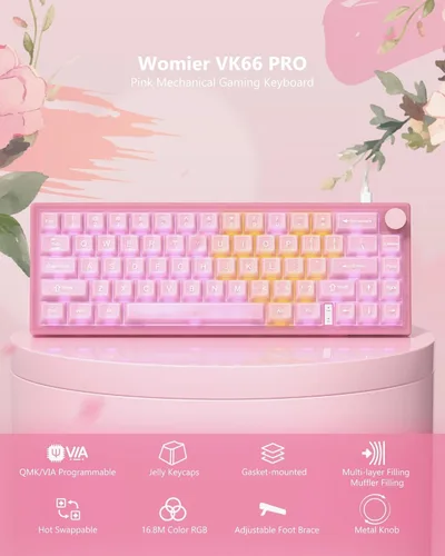 Miniatura 5 de Womier 60% Teclado QMK/VIA, Teclado mecánico rosa para juegos cremoso, montaje de juntas intercambiable en caliente, teclado RGB con cable