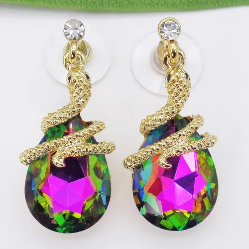 Miniatura 82 de Navachi Pendientes colgantes de gota de serpiente con forma de pera multicolor de cristal chapado en oro de 18 quilates