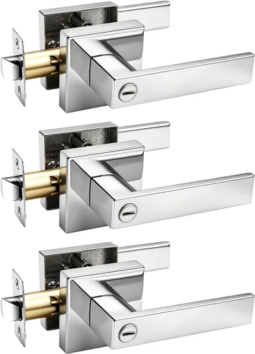 Gobrico Cerraduras de dormitorio y baño en cromo pulido, paquete de 3 cerraduras cuadradas para puertas interiores sin llave, palancas de privacidad