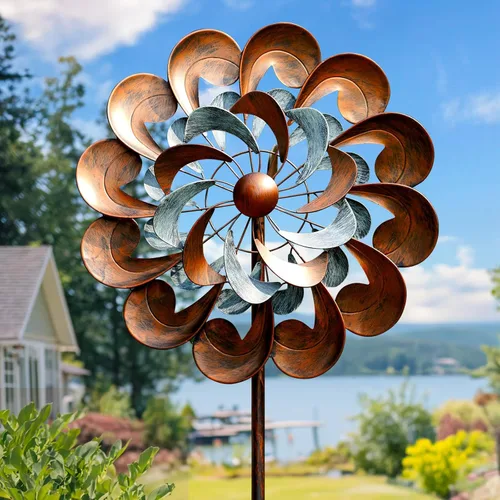 Miniatura 10 de Pure Echo Molino de viento de jardín, molino de viento cinético de flores, escultura de viento de metal para exteriores, grande, 23 pulgadas