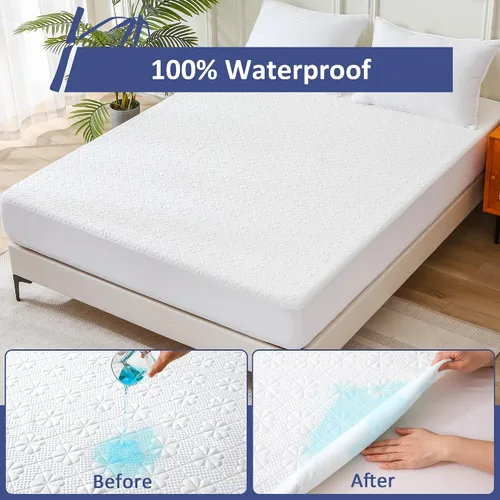 Miniatura 2 de Protector de colchón impermeable de viscosa de bambú tamaño Queen, funda de colchón refrescante para cama tamaño Queen, funda de colchón súper suave