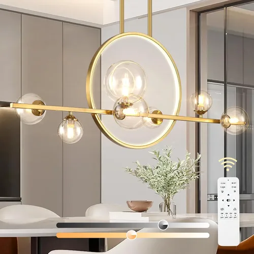 Moderna luz dorada para isla de cocina de 7 luces para comedor, 37.4 pulgadas, minimalista, regulable, LED, lineal, con pantalla de cristal, lámpara