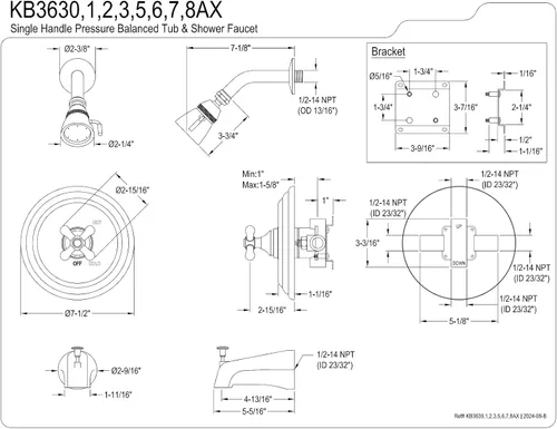 Miniatura 2 de Kingston Brass KB3637AX Restoration Grifo de bañera y ducha con equilibrio de presión de un solo mango en latón cepillado Cobrizo cepillado