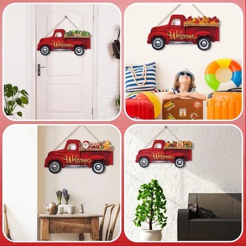Miniatura 7 de Ferraycle Letrero de bienvenida patriótico intercambiable del 4 de julio, colgador de puerta de camión rojo con 12 letreros de temporada, decoración