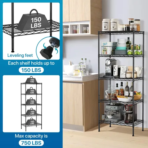 Miniatura 5 de NSF - Estantería de alambre de 5 niveles, estantes de almacenamiento de acero comercial de grado comercial, 24 pulgadas de largo x 14 pulgadas