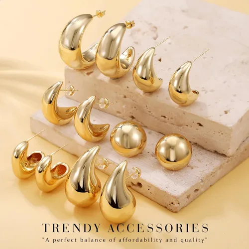 Miniatura 6 de LOUMILEO 6 Pairs Chunky Gold Hoop Earrings Set for Women 14K Gold Plated Teardrop Waterdrop Earrings Dupes Lightweight Hypoallergenic Gold Earrings