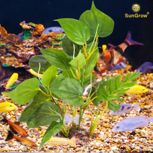 Miniatura 3 de SunGrow Planta de hojas de plástico, base de cerámica resistente, lugar para esconderse para peces, betta, pez ángel, peces dorados, rana, pitón