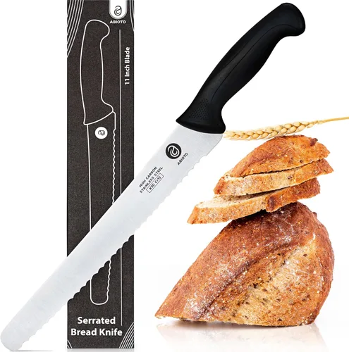 ABIOTO Cuchillo de pan dentado para masa madre de pan casero – Cuchillo de pan de masa madre perfecto de 11 pulgadas hecho de acero inoxidable de