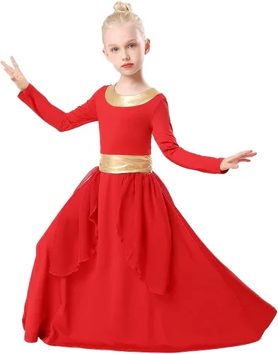 Miniatura 6 de REXREII - Traje de baile con cintura metálica de manga larga litúrgica para niñas