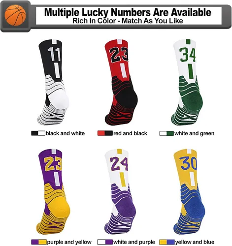 Miniatura 16 de 2 pares de calcetines de baloncesto para hombres y niños, equipo de baloncesto con número de la suerte, calcetines de estrella para niños y adultos