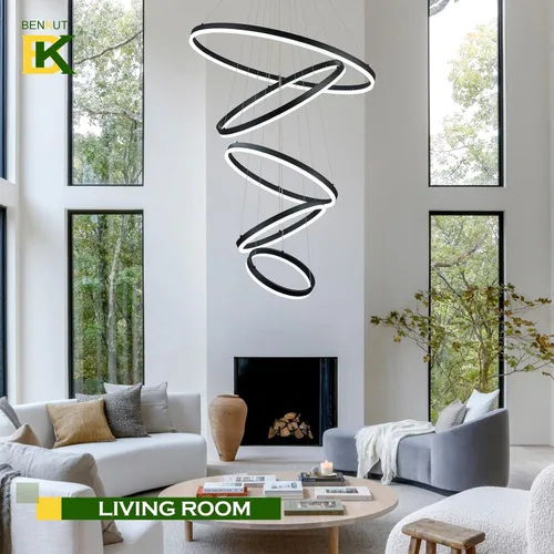 Miniatura 4 de Benkut 5 Anillos D31.5 Lámpara de Araña LED Moderna Negra Grande Regulable Circular para Techo Alto con Control Remoto para Vestíbulo, Comedor, Sala