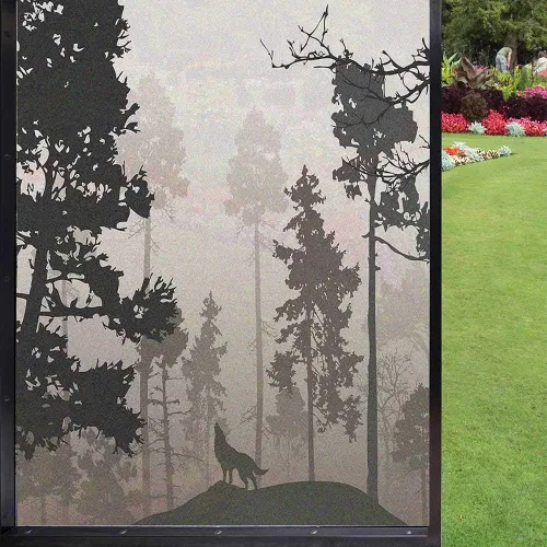 Miniatura 24 de Película de vidrio esmerilado de pino para ventana, bosque de coníferas silvestres en la mañana, siluetas de árbol de niebla para decoración