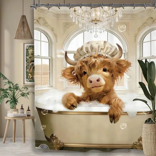 Divertida cortina de ducha de baño de vaca de las tierras altas, 60 pulgadas de ancho por 71 pulgadas de alto, lindo animal de toro, hilarante,
