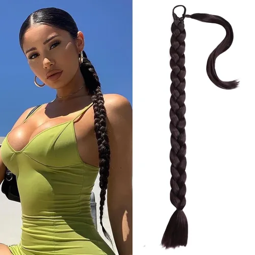 Miniatura 12 de Extensiones de cola de caballo trenzada de 20 pulgadas de largo para mujer, extensiones de cabello lacio envolvente con banda para el cabello, cola