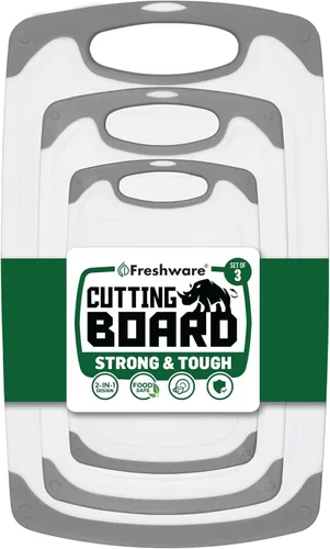Freshware Tablas de cortar para cocina, paquete de 3 tablas de cortar con diferentes tamaños, ranuras para jugos y asas antideslizantes, reversible,