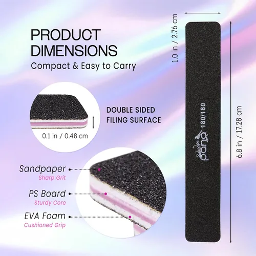 Miniatura 3 de PANA Lima de uñas Emery Jumbo de doble cara para manicura, pedicura, uñas naturales y acrílicas, color negro (grano 180/180), paquete de 50