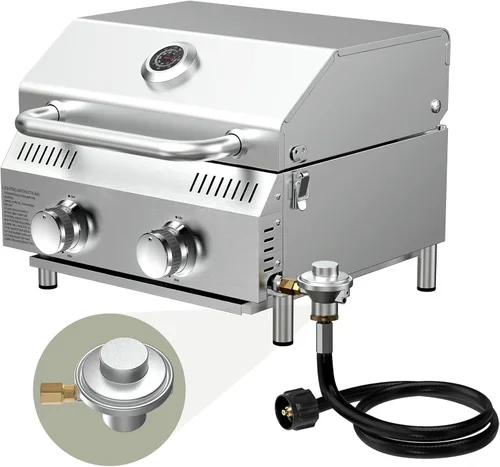 Miniatura 13 de Bestfire - Parrilla de gas propano de mesa, 2 quemadores, 20,000 BTU Parrilla de propano portátil de acero inoxidable con patas para patio al aire