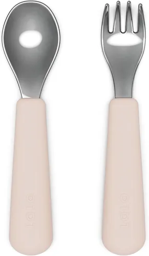 Lalo Utensils - Juego de tenedor y cuchara para niños pequeños - Utensilios ergonómicos para niños pequeños de acero inoxidable y silicona - Juego