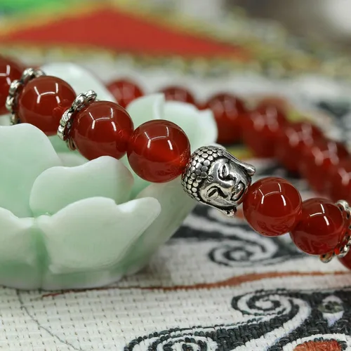 Miniatura 4 de Natural Gemstone with 925 Sterling Silver Buddha Head Gemstone 8mm Round Beads Stretch Bracelet 7 Inch