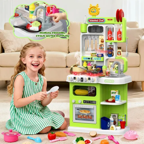 Miniatura 3 de DRAMATION Juego de Cocina para Niños, Cocina de Juego de 36.22'' para Niños Pequeños de 1-3 con Vapor, Sonido y Luz, Estufa de Cocina, Fregadero