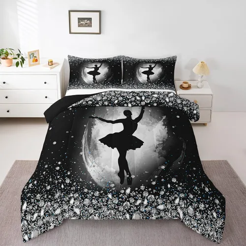 Miniatura 9 de Erosebridal Juego de edredón para niñas de baile, tamaño individual, juego de ropa de cama de ballet con purpurina para niños, adolescentes