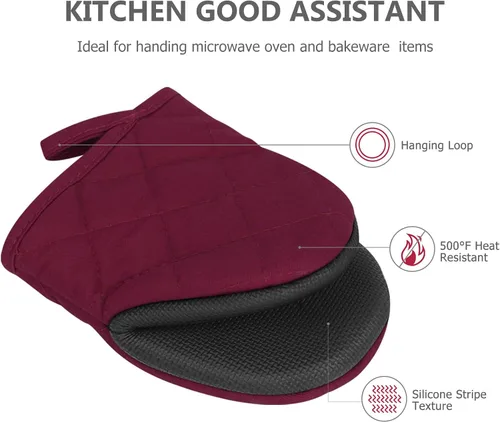 Miniatura 5 de 1 par de manoplas cortas para horno, de silicona resistentes al calor, para cocina, 500 grados, superficies de agarre antideslizantes y guantes
