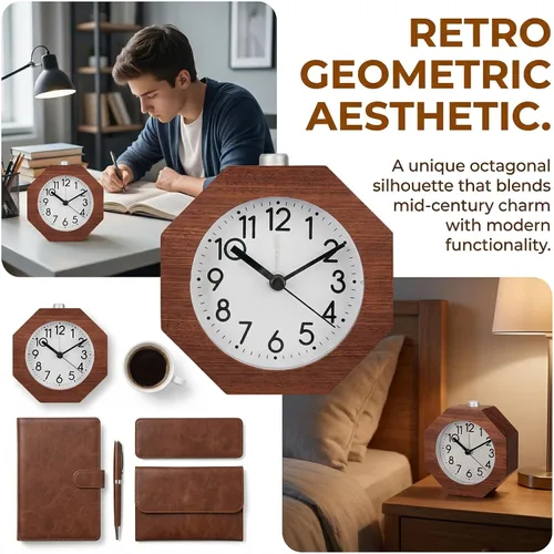 Miniatura 5 de Reloj despertador analógico de madera, 3 pulgadas, silencioso, silencioso, con números arábigos, función de repetición de retroiluminación, funciona