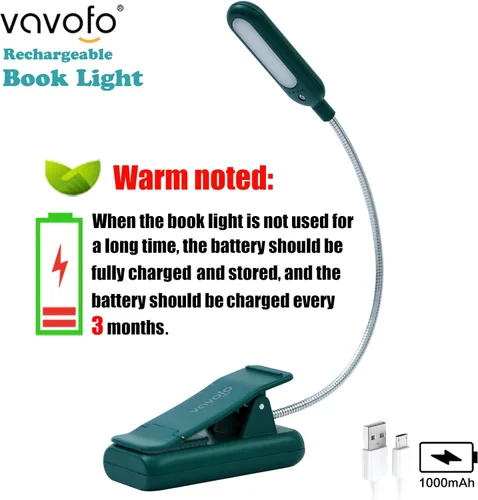 Miniatura 3 de VAVOFO - Luz de lectura recargable para libros en la cama para niños, 7 LEDS con luz blanca cálida de 9 niveles, lámpara de cuidado de ojos con Verde