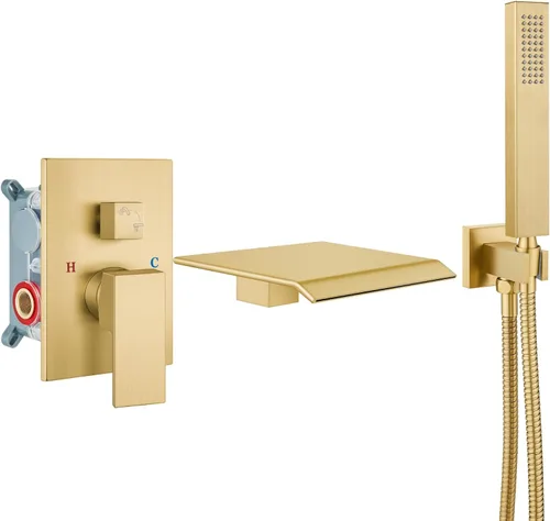 Airuida Grifo de bañera de montaje en pared con boquilla de cascada, grifo de bañera montado en la pared con ducha de mano de una sola manija, juego