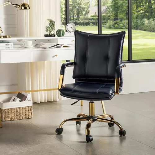 Miniatura 18 de HULALA HOME Silla de escritorio de piel sintética para oficina en casa, silla giratoria ajustable para computadora con patas y brazos dorados, Patas