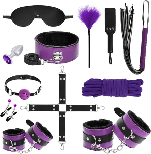 Miniatura 8 de Rbenxia 12 piezas de kits de restricciones BDSM Bondage para el sexo, esposas de fetiche, esposas de tobillo, collar, venda para los ojos, látigo
