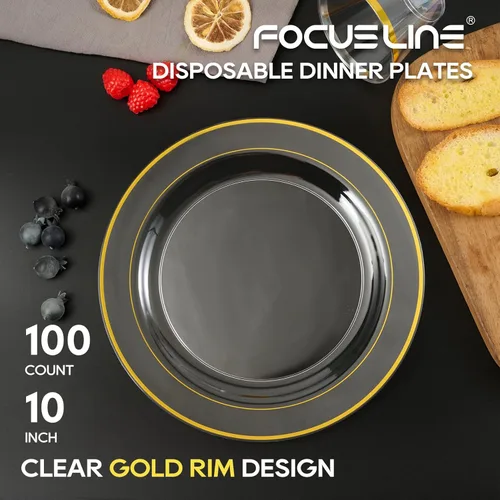 Miniatura 2 de FOCUSLINE 100 platos de plástico transparente y dorado de 10 pulgadas, platos transparentes desechables resistentes con borde dorado, plato