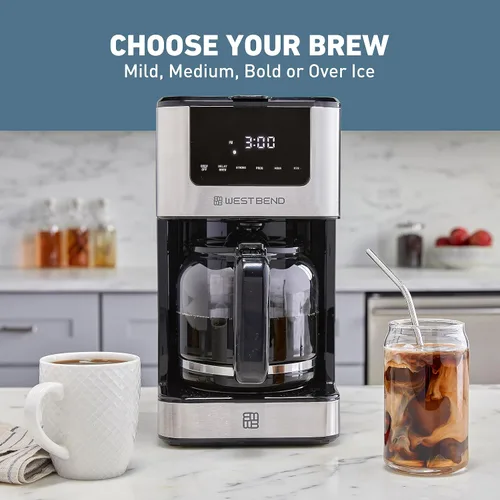 Miniatura 3 de West Bend Cafetera de goteo que prepara caliente o helado, programable con selector de fuerza de preparación, apagado automático y 6 funciones