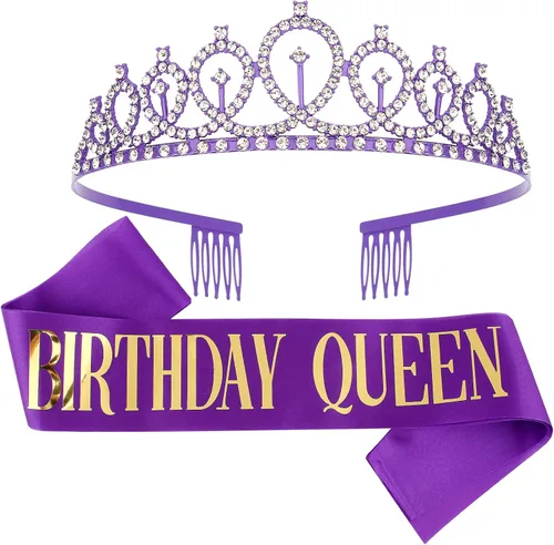 CIEHER Decoraciones de cumpleaños moradas: kit de corona de reina y tiara, banda, regalos de cumpleaños 16 a 70 para mujeres Púrpura