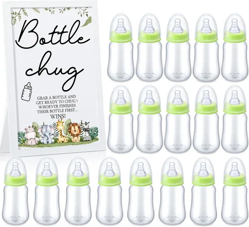 Miniatura 9 de Roowest Bottle Chug Baby Shower Games Favores que incluyen 18 botellas con 1 botella de chug de madera para revelación de género y suministros