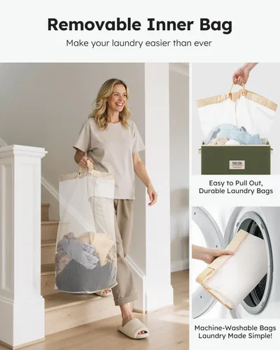 Miniatura 4 de SOLEDI - Canasta de lavandería con tapa de 100L, canasta de ropa plegable grande y alta, cesta de lavandería con bolsa removible fácil